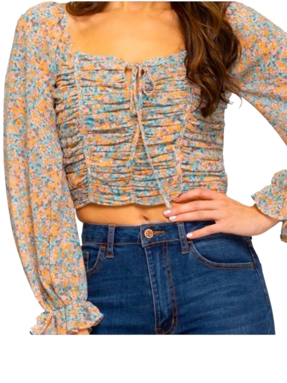 SHE & SKY FLORAL MEDIUM TOP CROP BLOUSE ORANGE BLUE PRINT FESTIVAL